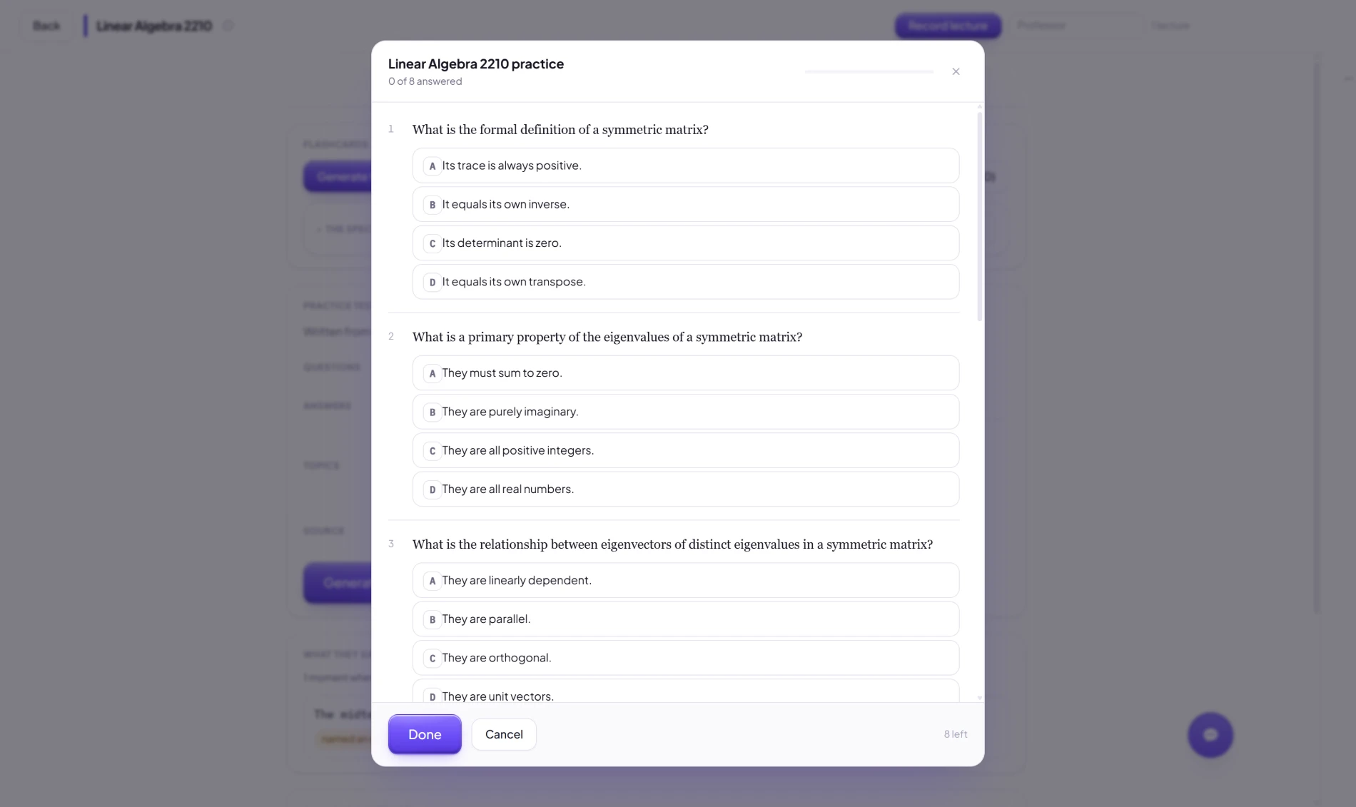 An eight question multiple choice practice test written from the lecture.