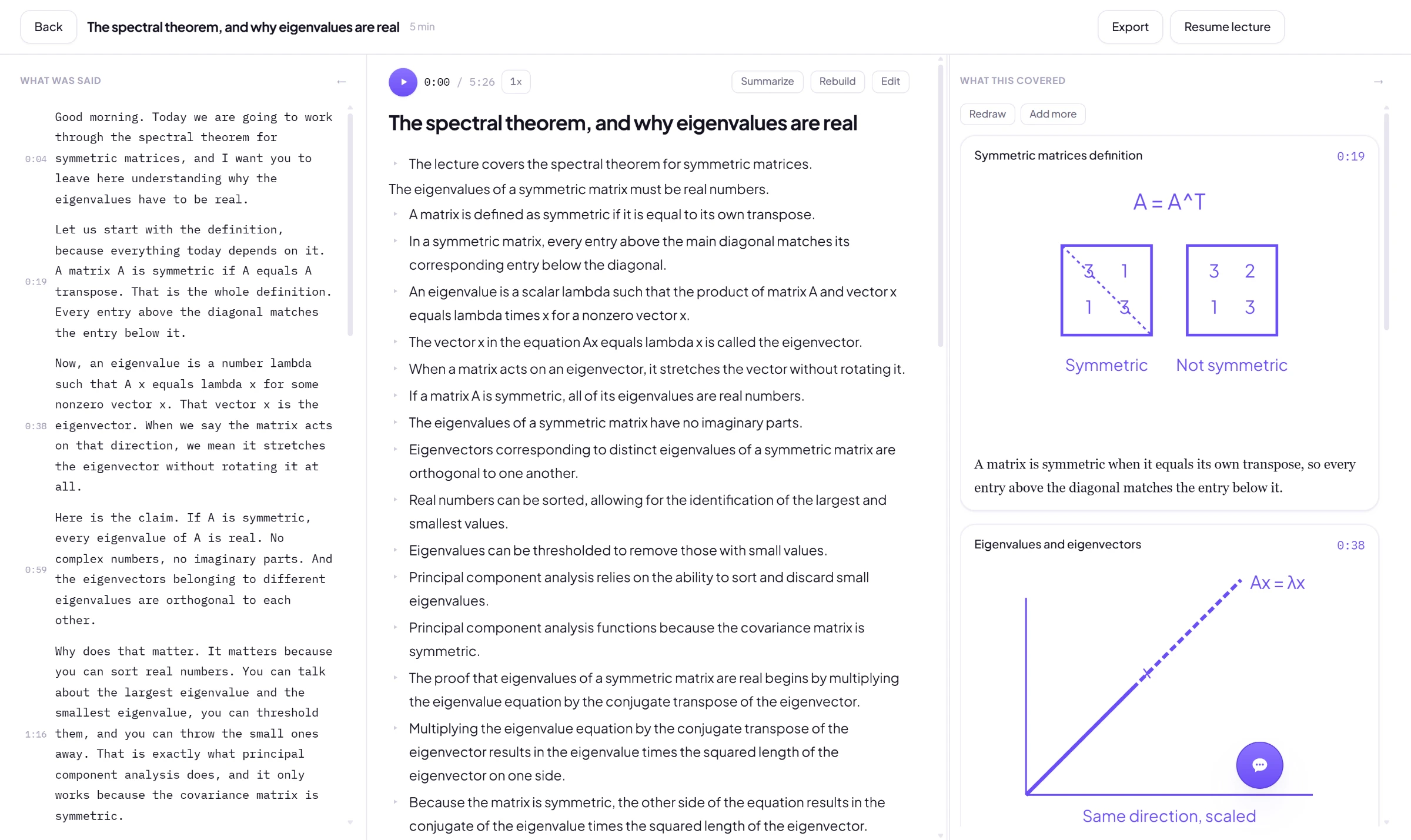 The Lectavi workspace: a lecture transcript with timestamps on the left, written notes in the middle, and a drawn figure of a symmetric matrix on the right.